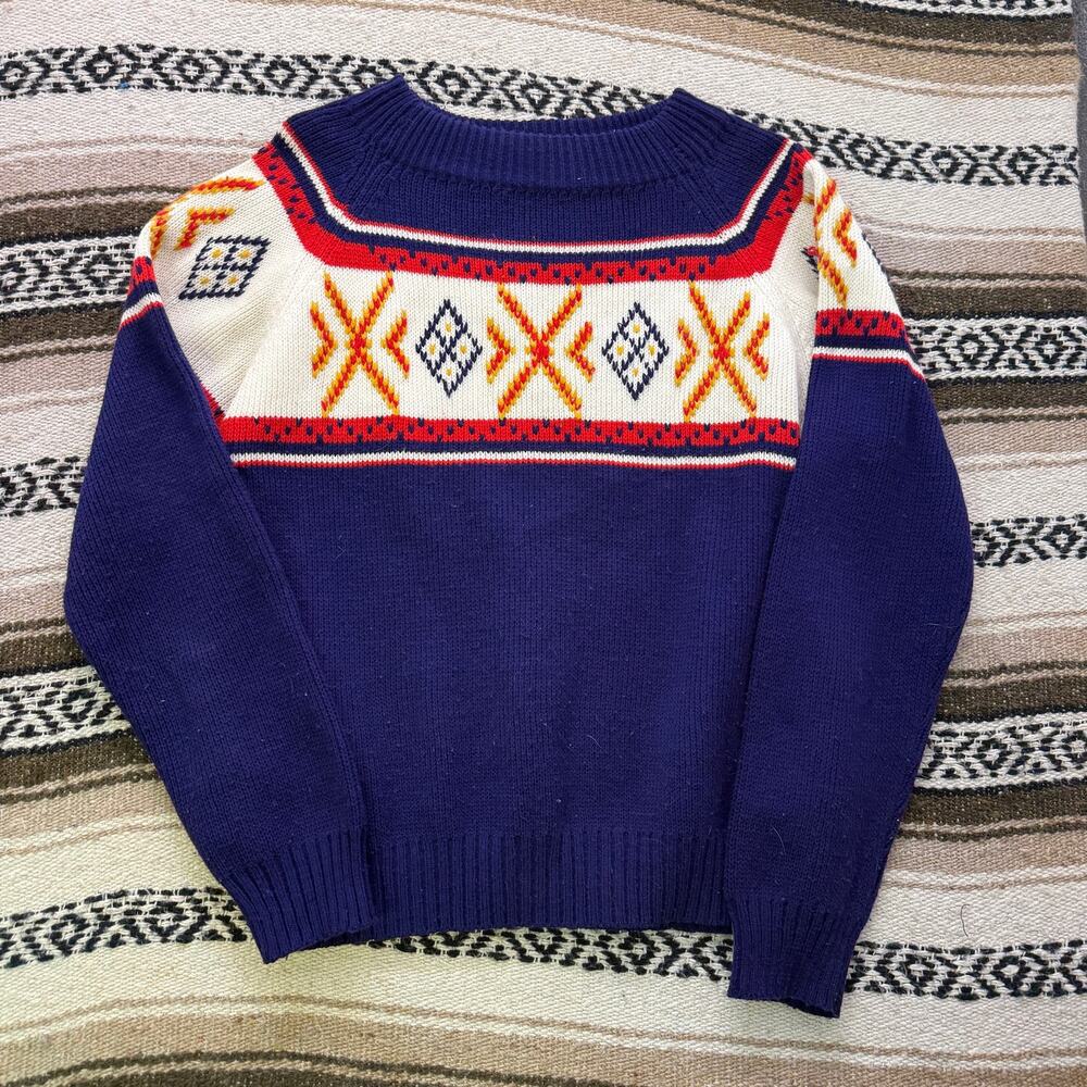 Vintage 1970's Montgomery Ward Blue Red Knit Crewneck Pullover Sweater Sz Medium